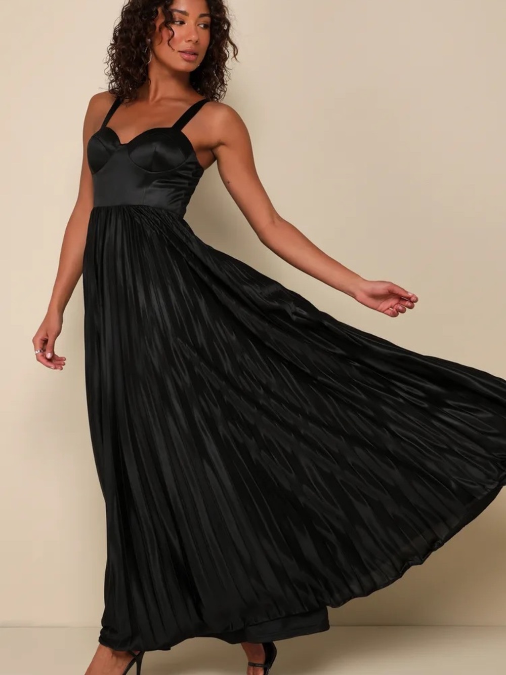 Lulu's Black Satin Bustier Pleated Maxi Dress